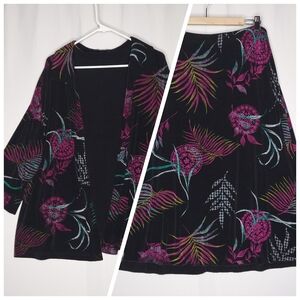 Vikki Vi Cardigan Skirt Set 1X‎ 90s Vtg Slinky Stretch Multicolor Floral Midi